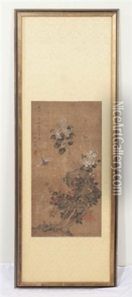Flowers & Insects, Ink & Color On Silk, 19th Century Oil Painting -  Zou Yigui