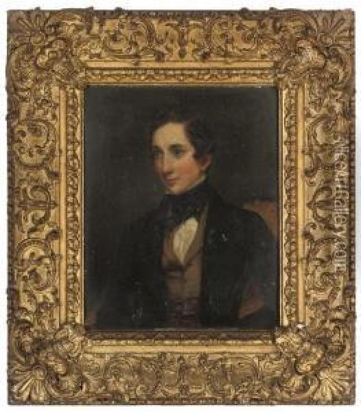 Portrait Of Mr Marriot, Seated 
Half-length, In A Black Coat With White Shirt, Brown Waistcoat And Black
 Necktie Oil Painting - Margaret Sarah Carpenter