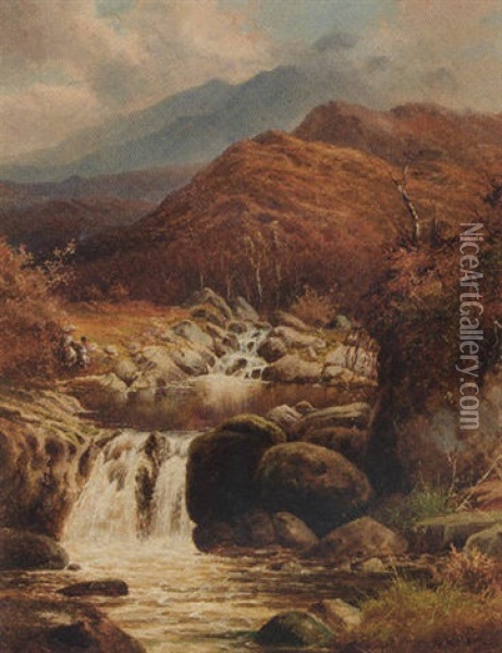 Children Fishing In A Mountainous Landscape Oil Painting - William Henry Mander