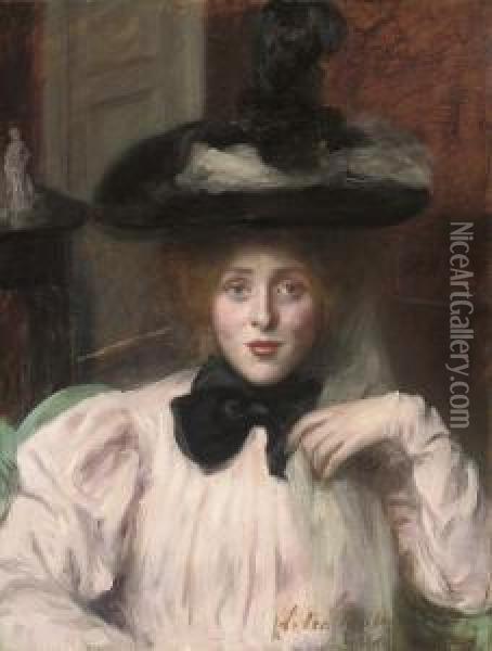 A Young Beauty In A Black Hat Oil Painting - Lucy Lee Robbins