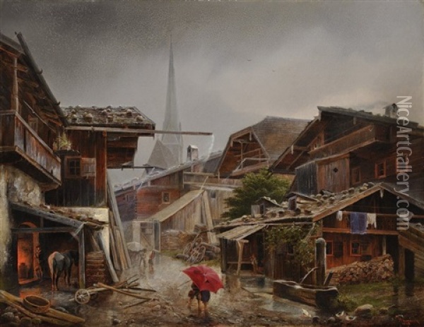 An Alpine Village In The Rain, At The Blacksmith Oil Painting - Bedrich Havranek