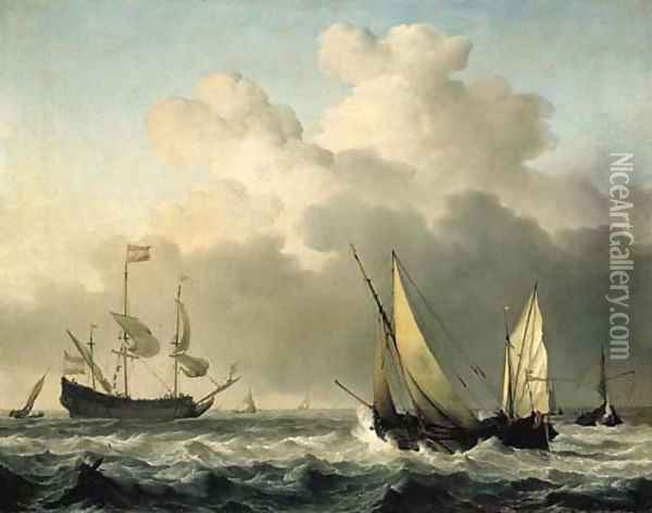 A wijdschip close-hauled in a fresh breeze, with other shipping Oil Painting - Willem van de Velde the Younger