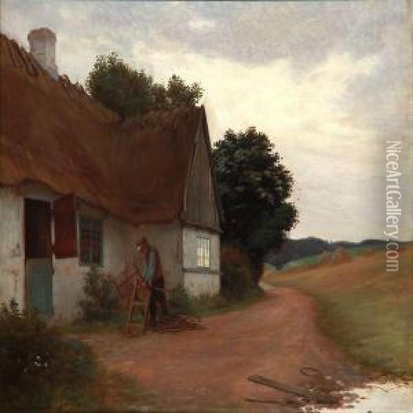 A Farmer Cutting Firewood In Front Of A Thatched Cottage Oil Painting - Gustav Vermehren