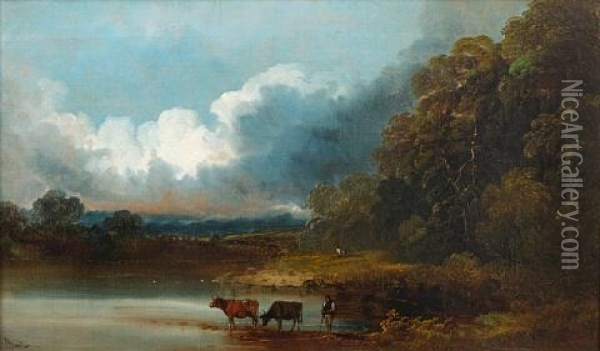 River Landscape With Cattle Watering (+ Another, Similar; Pair) Oil Painting - John Joseph (of Bath) Barker