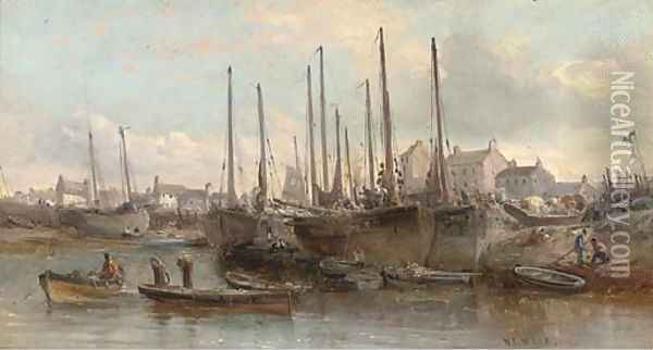 Fishing boats in the harbour at Peel Oil Painting - William Edward Webb