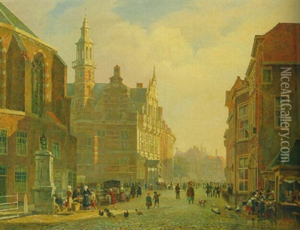 A View Of The Townhall, The Hague, With Numerous Figures In A Street Oil Painting - Carel Jacobus Behr