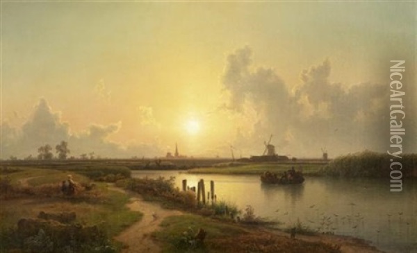 Sonnenuntergang In Niederlandischer Flusslandschaft Oil Painting - Karl Adloff