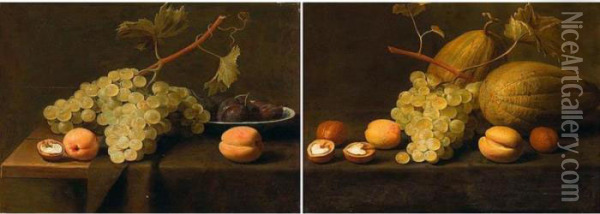 Still Life Of Grapes, Peaches 
And A Walnut, Together With Plums In A Blue And White Porcelain Bowl, 
Arranged Upon A Partly Draped Stone Ledge Oil Painting - Jacob Fopsen van Es