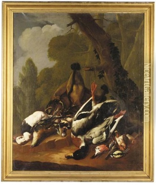 A Still Life Of Dead Game Birds, Including A Duck, A Finch And Other Birds Oil Painting - Andreas Held