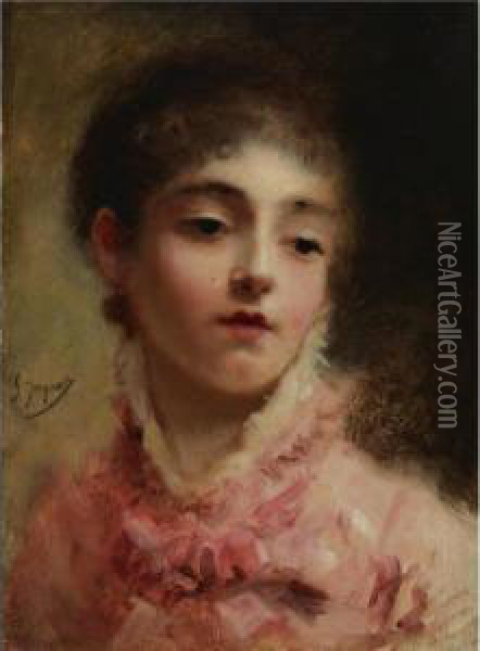 Young Woman In A Pink Dress Oil Painting - Gustave Jean Jacquet