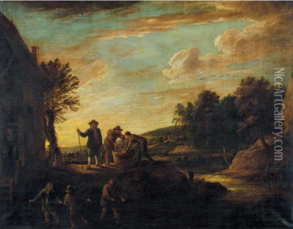 An Extensive Landscape With Fishermen In A River And Others Salting Fish On The Bank Oil Painting - David The Younger Teniers