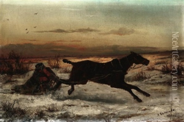 Die Flucht. Soldat Auf Einem Pferdeschlitten In Verschneiter Tundra Oil Painting - Aleksei Mikhailovich Kolesov
