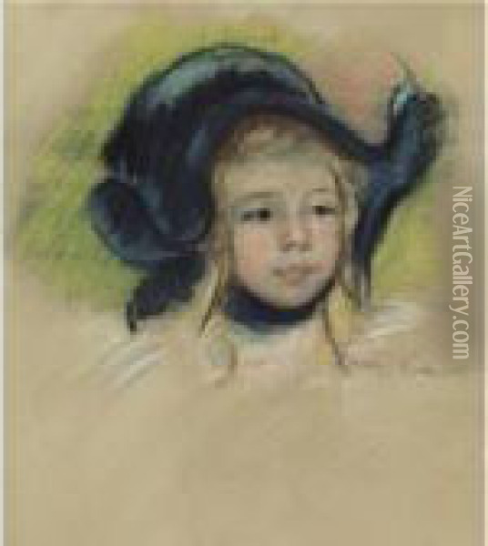 Head Of Simone In A Green Bonnet With Wavy Brim Oil Painting - Mary Cassatt