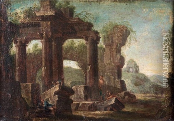 Cavalier Pres D'un Temple En Ruine Oil Painting - Josef Anton Kapeller the Younger
