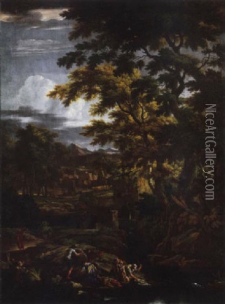 Paesaggio Fluviale Appenninico, Con Un Borgo Classico In Lontananza E Astanti In Primo Piano Oil Painting - Pandolfo Reschi