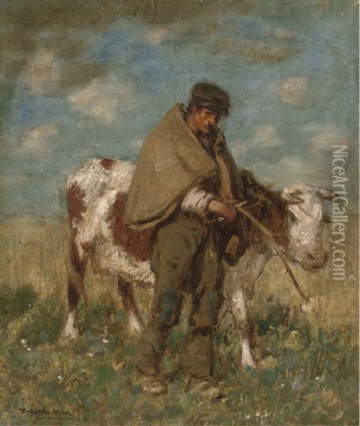 Herd And Cow Oil Painting - Thomas Austen Brown