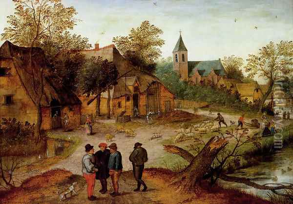 A Village Landscape With Farmers Oil Painting - Pieter The Younger Brueghel