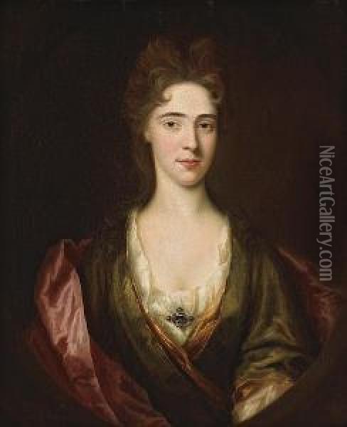 A Portrait Of A Lady, Half-length, Wearing Agreen Dress And Pink Wrap Oil Painting - Jonathan Ii Richardson