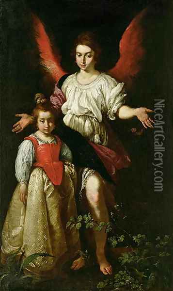 The Guardian Angel, c.1630 Oil Painting - Bernardo Strozzi