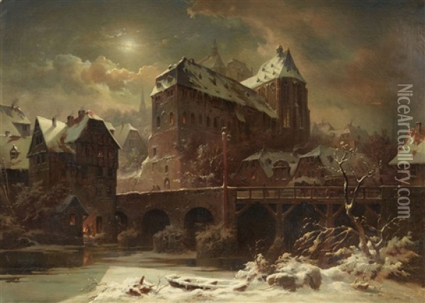 View Of Marburg With The Old University, Lahnbrucke And Deutschherrenmuhle Oil Painting - Eduard Elias Stiegel