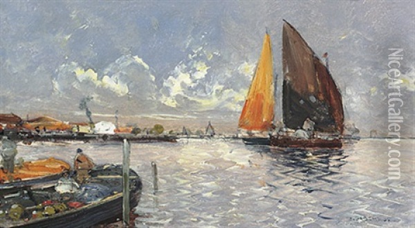 Marine Mit Fischerbooten Am Fruhen Morgen Oil Painting - Georg Fischhof