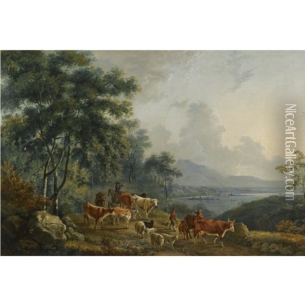 Landscape With Livestock And Herdsmen By A Lake Oil Painting - George Barret