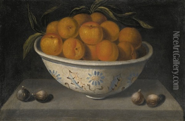 Still Life With Oranges In A Bowl With Figs, On A Stone Ledge Oil Painting - Pedro de Camprobin