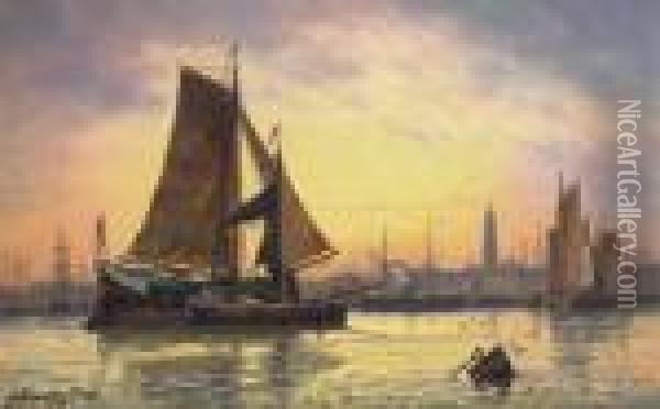 Barges Docking At A Harbour, Antwerp Oil Painting - Charles Euphrasie Kuwasseg