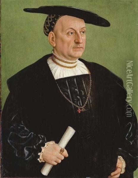 Portrait Of Onophrius Scheit In A Black Coat And Hat, A Scroll In His Right Hand Oil Painting - Barthel Beham