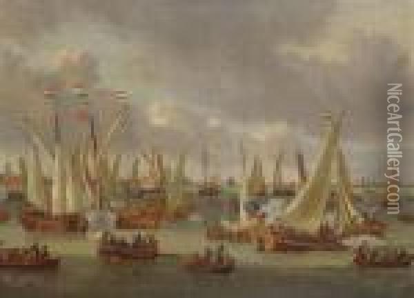 The Arrival Of Tsar Peter The Great In The Amsterdam Harbour Oil Painting - Abraham Storck