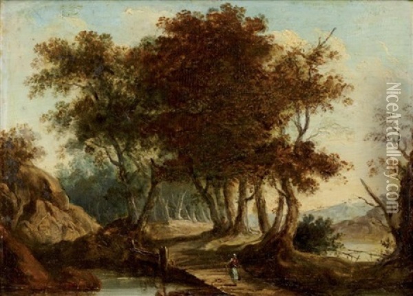 Paysage Au Petit Pont, Paysage Au Rocher (pair) Oil Painting - Louis-Philippe Crepin