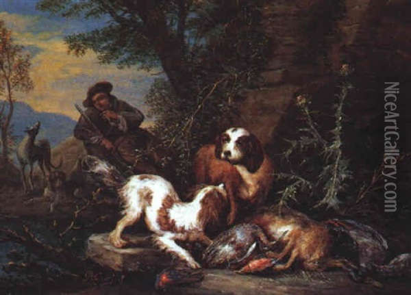Rastender Jager Mit Hunden Und Jagdbeute In Einer Landschaft Oil Painting - Adriaen de Gryef