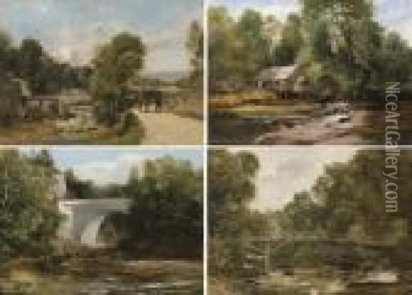 Sketch Of The New Bridge Built 
By Lord Lynedoch; Sketch Of The Saw Mills, Lynedoch; Sketch Of The Swiss
 Bridge, Lynedoch; And An Angler On A Bridge Oil Painting - Frederick Richard Lee