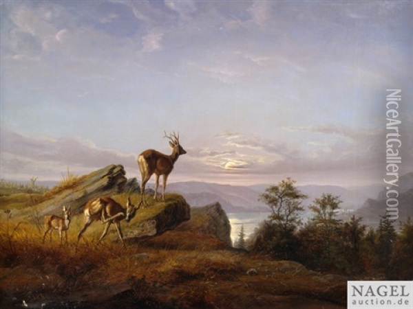 Hirsch Bei Mondaufgang An Einem Gebirgssee Oil Painting - Johann Friedrich Wilhelm Wegener