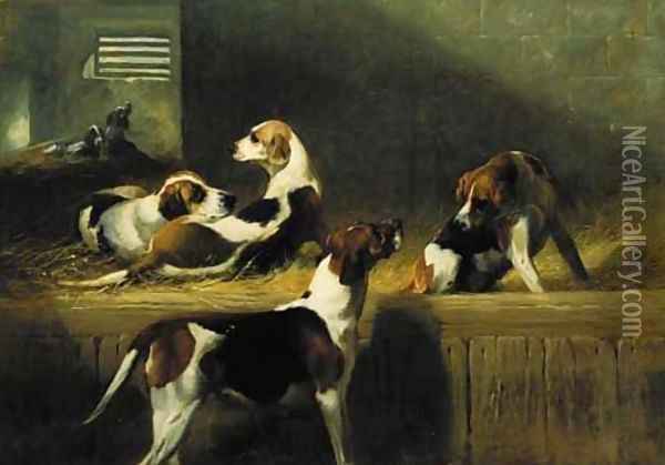Brocklesby Foxhounds, Scornful, Prudence, Rosebud and Poesy (from left to right) Oil Painting - George Earl