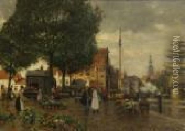 Hollandischer
 Blumenmarkt. Oil Painting - Heinrich Hermanns
