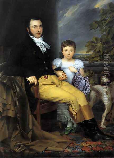 Portrait of a Prominent Gentleman with his Daughter and Hunting Dog 1814 Oil Painting - Joseph-Denis Odevaere