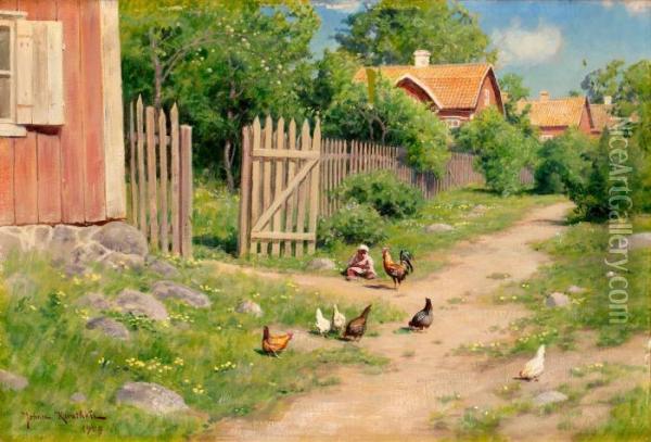 Sommarlandskap Med Barn Och Hons. Signerad Johan Krouthen Ochdaterad 1909 Oil Painting - Johan Krouthen