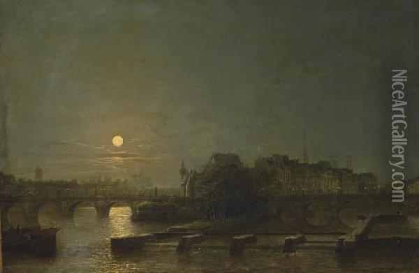 Moonlight Over The Seine Oil Painting - Henry Pether
