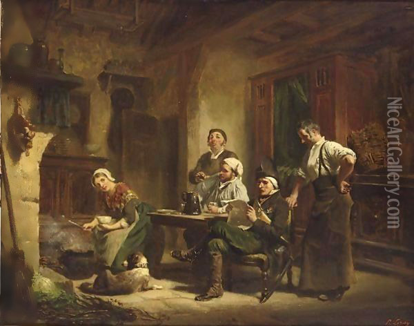 A Domestic Scene Oil Painting - Prudent Louis Leray