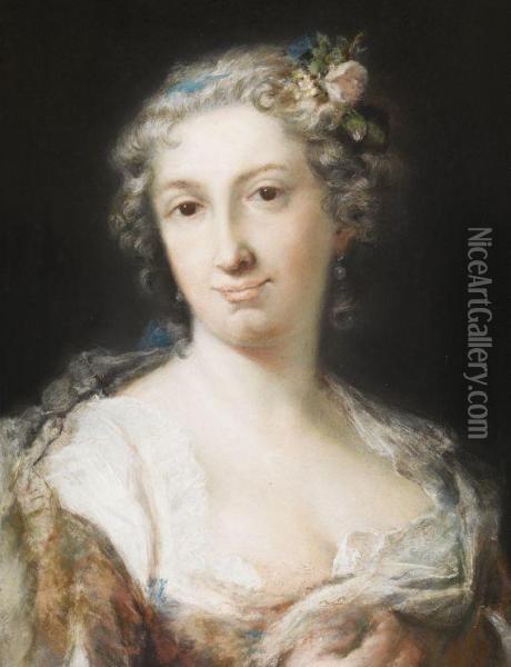 Dame In Blauem, Buntgeblumten Kleid Oil Painting - Rosalba Carriera
