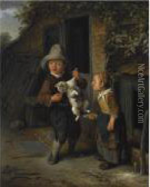 A Young Boy And Girl In Front Of A Cottage, Teasing A Cat Oil Painting - Cornelis Dusart