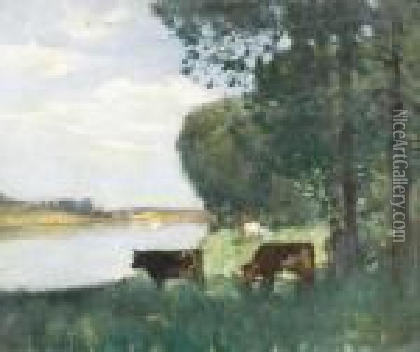 Schattige Flussuferpartie Mit Rindern. Oil Painting - Pierre Eugene Montezin