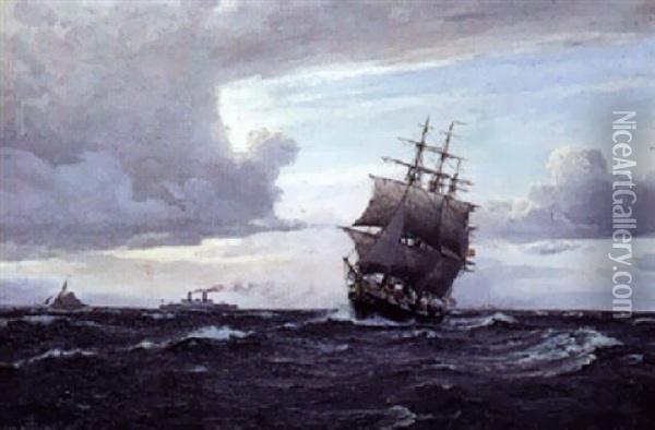Marine Med Tremaster Sejlskib Og Damper Oil Painting - Christian Benjamin Olsen
