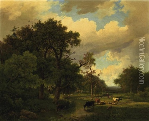 Sommerliche Fluslandschaft Mit Weidendem Vieh Oil Painting - Marinus Adrianus Koekkoek