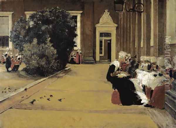 Courtyard of the orphanage in Amsterdam, 1876 Oil Painting - Max Liebermann