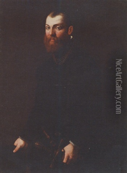 Portrait Of A Gentleman In Black Costume And Gold Chains, His Hand Resting On A Sword Oil Painting - Giovanni Battista Moroni