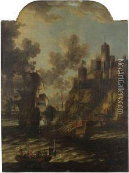 Boats Passing A Fortified Town Oil Painting - Willem van de, the Elder Velde