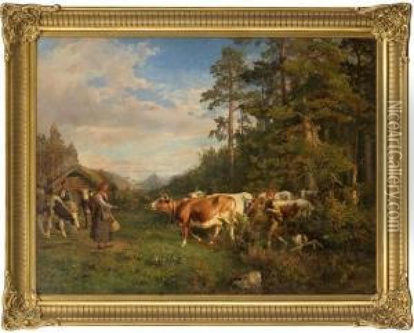 At The Mountainfarm Oil Painting - Anders Monsen Askevold