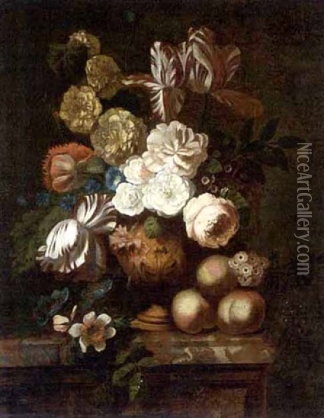 A Still Life With Flowers, Peaches And Grapes Upon A Marble Pedestal Oil Painting - Jan Van Huysum